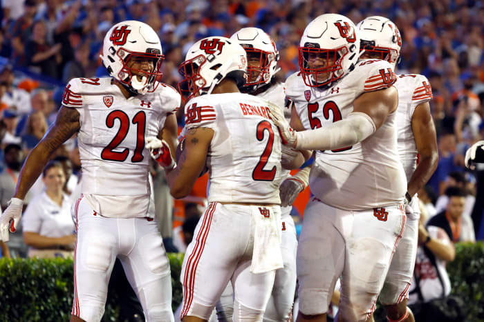 Utah Utes running back Micah Bernard (2) celebrates after scoring a touchdown against the Florida Gators during the second half at Steve Spurrier-Florida Field.